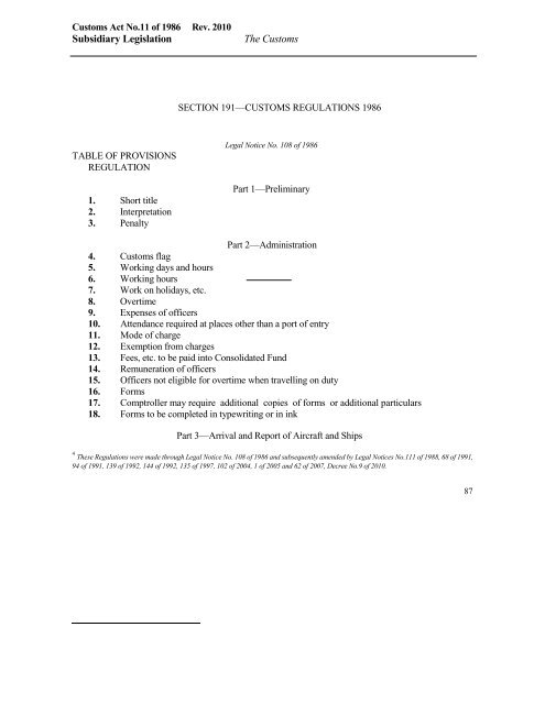 Customs Regulations 1986. - Fiji Revenue & Customs Authority