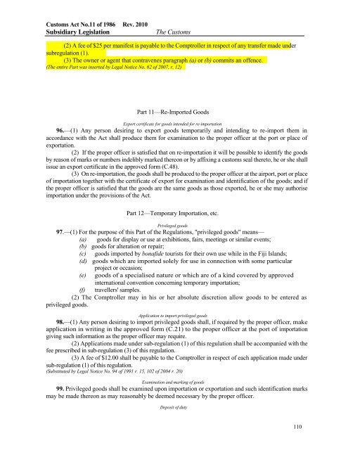 Customs Regulations 1986. - Fiji Revenue & Customs Authority