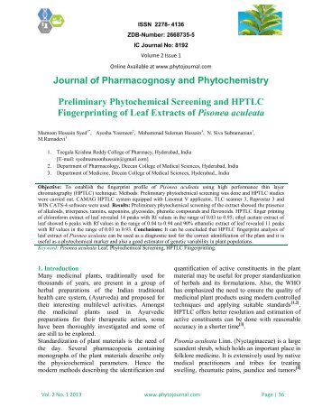 Preliminary Phytochemical Screening and HPTLC Fingerprinting of ...
