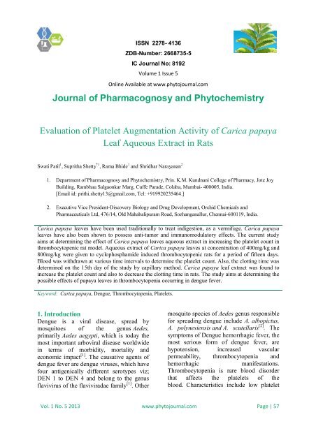 Carica papaya - Journal of Pharmacognosy and Phytochemistry