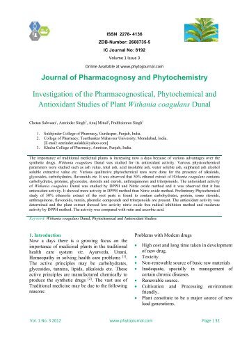 Withania coagulans - Journal of Pharmacognosy and Phytochemistry