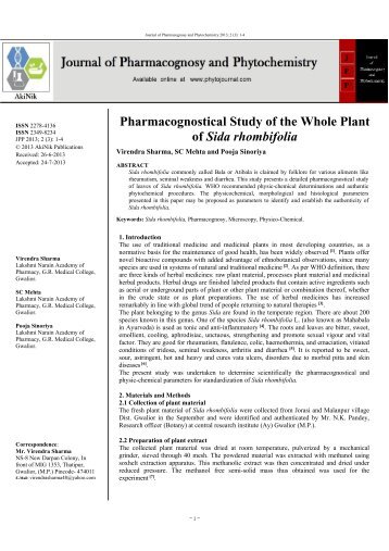 Pharmacognostical Study of the Whole Plant of Sida rhombifolia