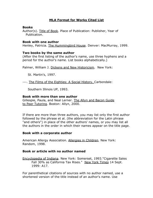 mla format for works cited list books author s title of work cited list