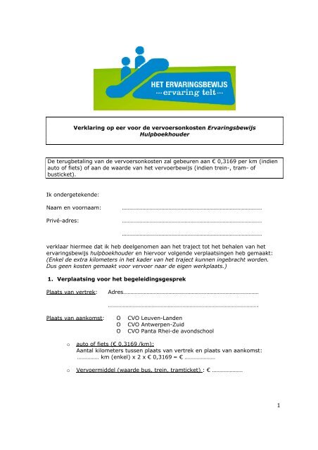 Verklaring op eer en geweten voor de vervoersonkosten