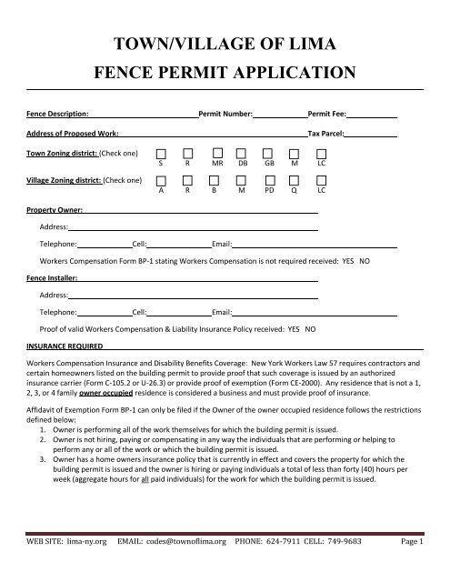 TOWN/VILLAGE OF LIMA FENCE PERMIT APPLICATION