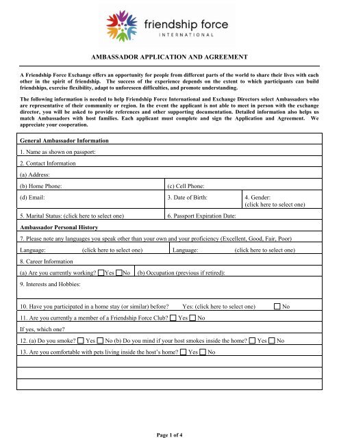 ambassador application form. - Friendshipforcedenver.org
