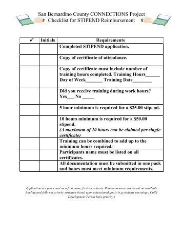 San Bernardino County CONNECTIONS Project Checklist for STIPEND Reimbursement