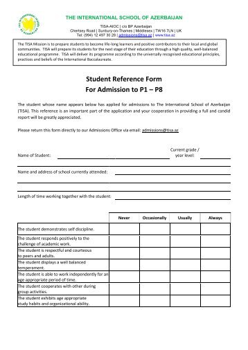 Student Reference Form For Admission to P1 – P8