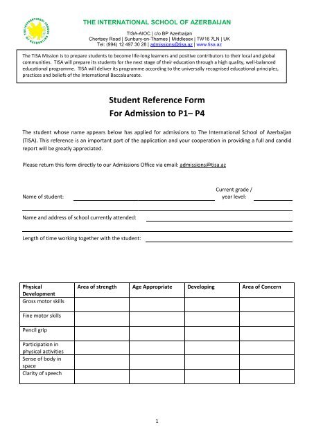 Student Reference Form For Admission to P1– P4