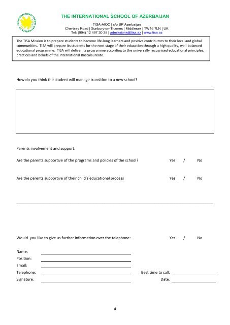 Student Reference Form For Admission to P1– P4