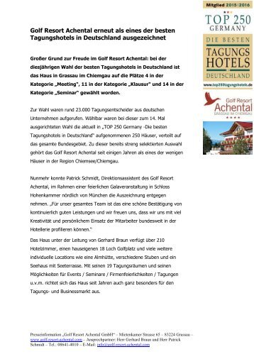 Golf Resort Achental erneut als eines der besten Tagungshotels in Deutschland ausgezeichnet