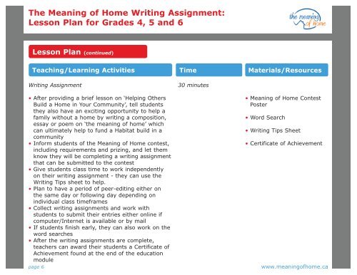 The Meaning of Home Writing Assignment Lesson Plan for Grades 4 5 and 6