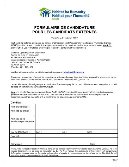 FORMULAIRE DE CANDIDATURE POUR LES CANDIDATS EXTERNES