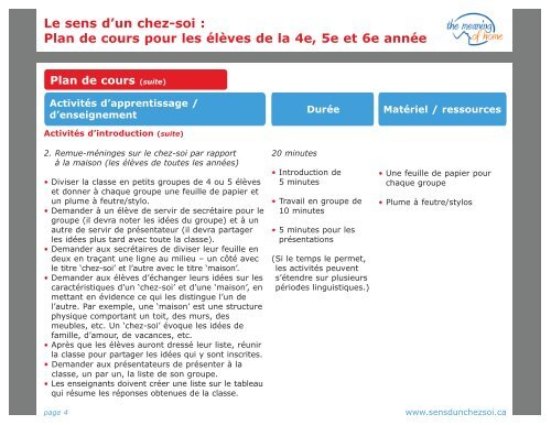 Le sens d'un chez-soi : Plan de cours pour les Ã©lÃ¨ves de la 4e, 5e et ...