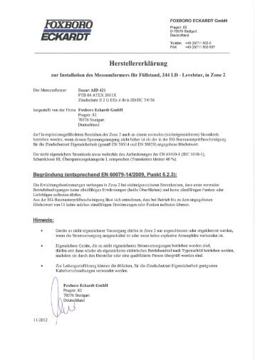 Manufacturer's Declaration - FOXBORO ECKARDT GmbH