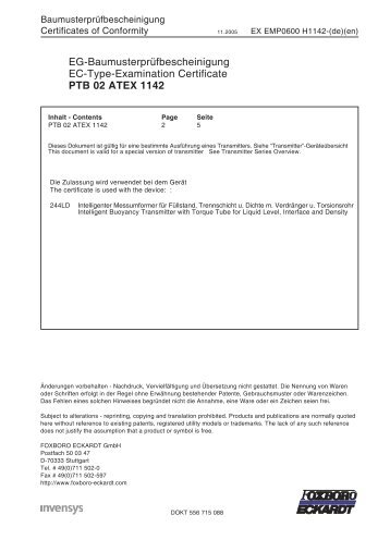 PTB 02 ATEX 1142 - FOXBORO ECKARDT GmbH