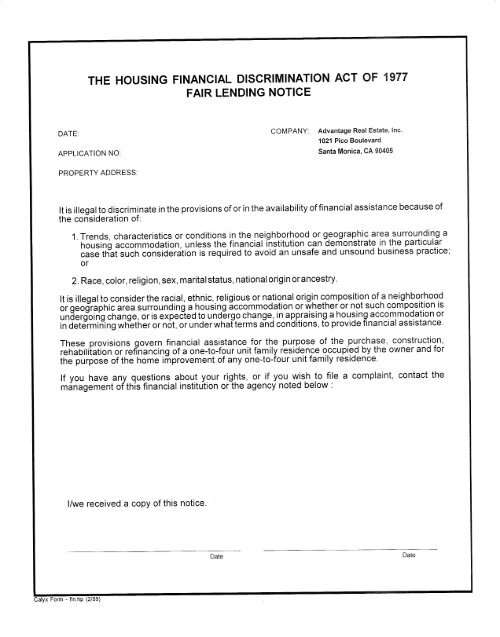 the housing financial discrimination act of 1977 fair lending notice