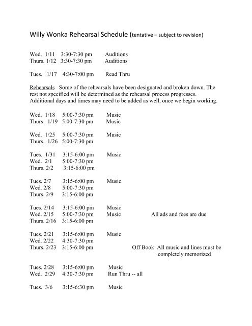 Willy Wonka Rehearsal Schedule (tentative