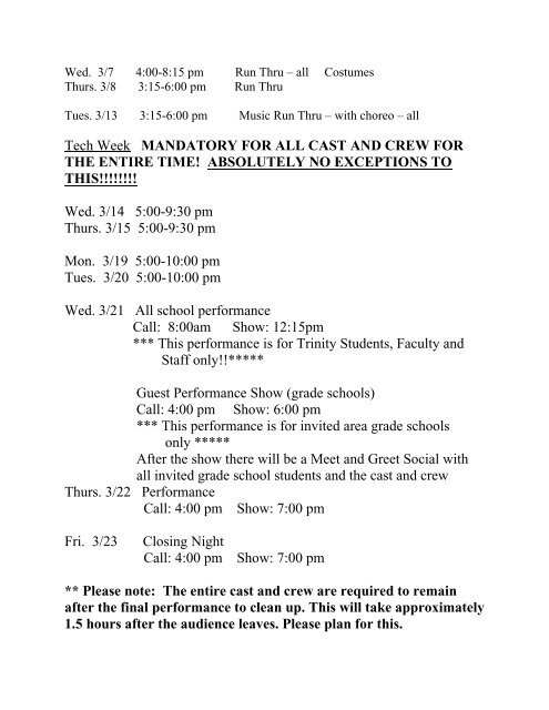 Willy Wonka Rehearsal Schedule (tentative