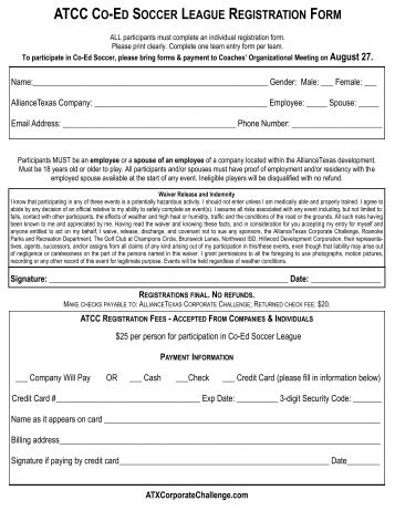 ATCC CO-ED SOCCER LEAGUE REGISTRATION FORM