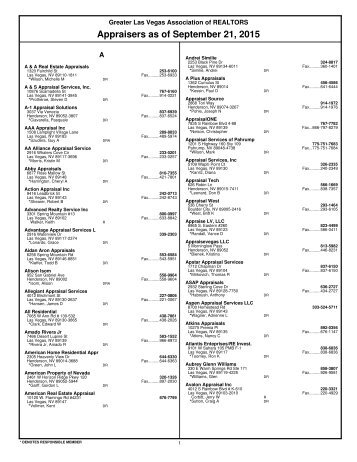 Appraisers as of September 21 2015