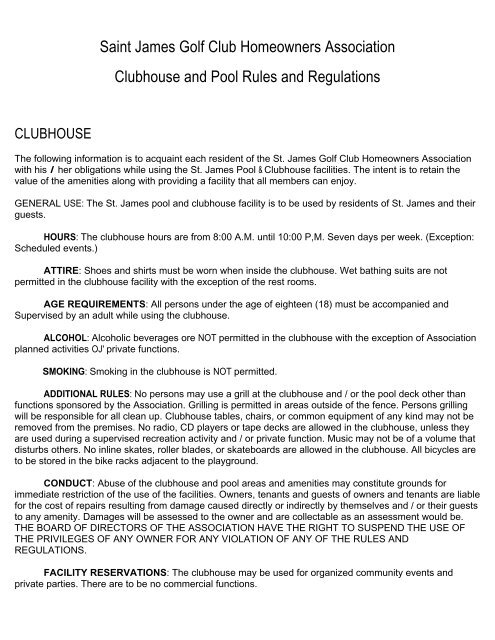 Clubhouse Rules and Regulations - St. James Golf Club HOA