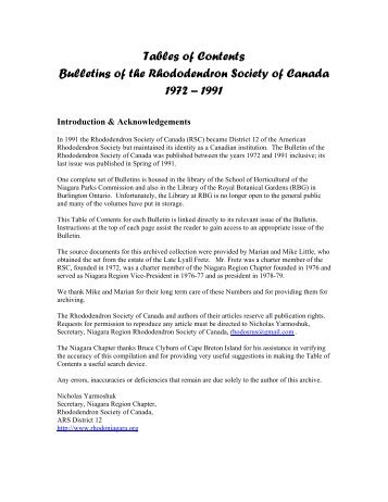 Tables of Contents Bulletins of the Rhododendron Society of Canada 1972 – 1991