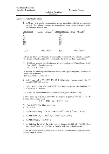 Analytical Chemistry Final Exam Answer The Following Questions 1