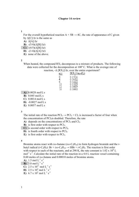 1 Chapter 14 review For the overall hypothetical reaction A + 5B ...