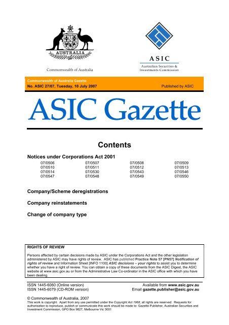 ASIC Gazette - Australian Securities and Investments Commission