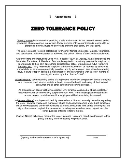 ZERO TOLERANCE POLICY