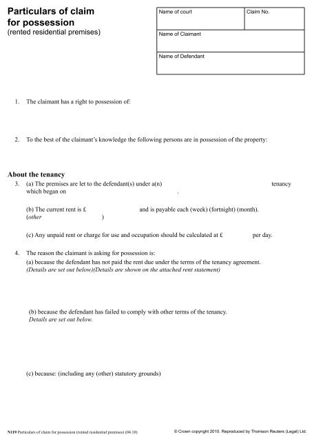 Particulars Of Claim For Possession