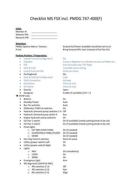 Checklist MS FSX incl PMDG 747-400(F)