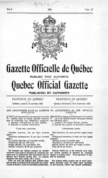 Gazette Officielle de Québec Quebec Official Gazette
