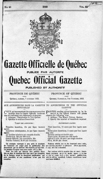 Gazette Officielle de Québec Quebec Official Gazette