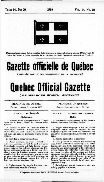 Gazette officielle de Québec Quebec Official Gazette