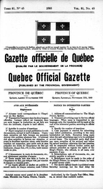 • Gazette de Québec Quebec Official Gazette