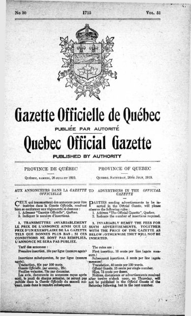 Gazette Officielle de Québec Quebec Official Gazette