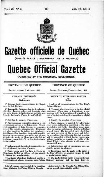 Gazette officielle de Québec Quebec Official Gazette