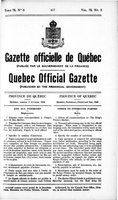 Gazette officielle de Québec Quebec Official Gazette