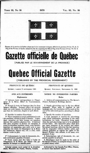Gazette officielle de Quebec Quebec Official Gazette