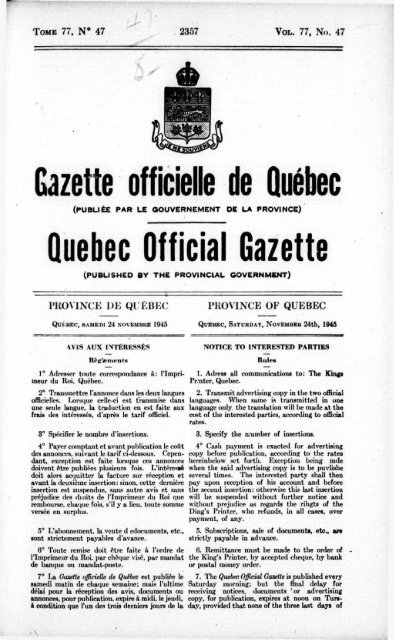 Gazette officielle de Québec Quebec Official Gazette