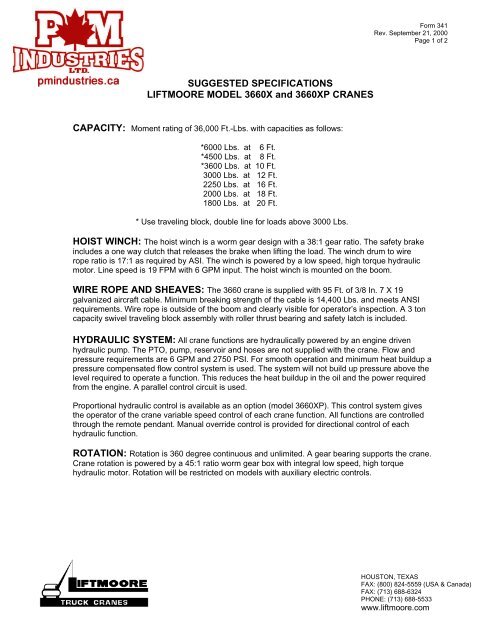Download the specifications for Liftmoore Model - PM Industries