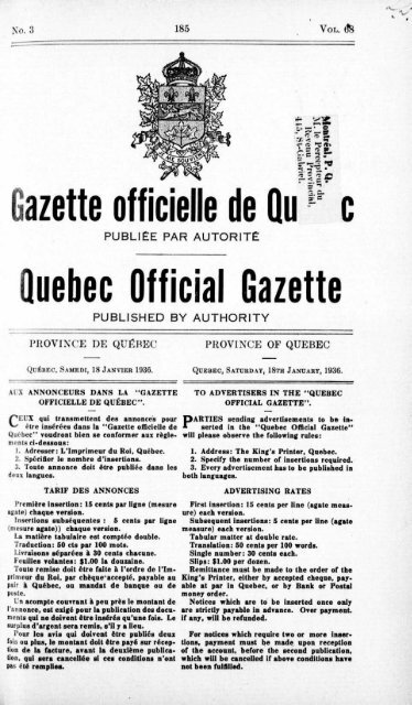 iazette officielle de Qu c Quebec Official Gazette
