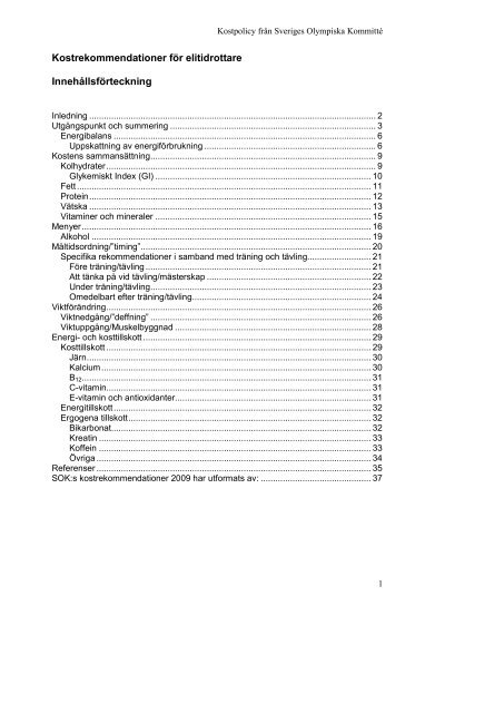 Kostrekommendationer för elitidrottare Innehållsförteckning