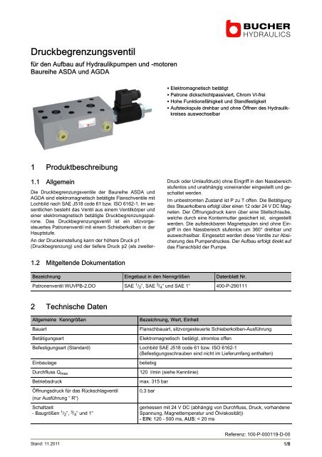 Druckbegrenzungsventil Anschluss G 3/4 /Q max 100  Lt /min Pmax 10-300 bar 