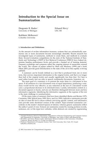 Introduction to the Special Issue on Summarization