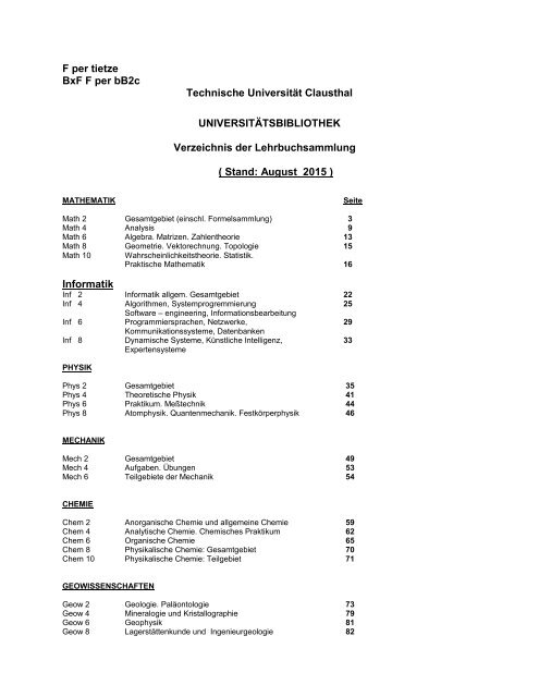 Katalog der Lehrbuchsammlung (*pdf) - UniversitÃ¤tsbibliothek