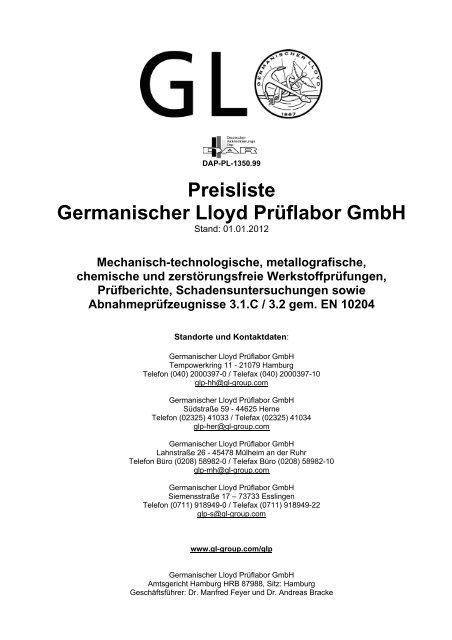 Preisliste Germanischer Lloyd Prüflabor GmbH - GL Group