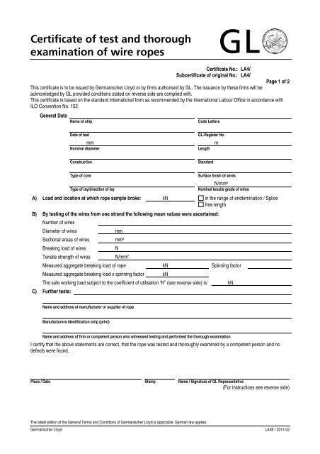 Certificate Of Test And Thorough Examination Of Wire Rope Gl Group